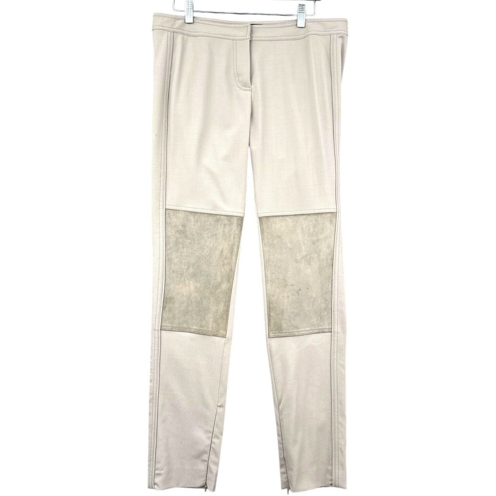 Derek Lam Moto Pants Women 10 Wool Leather Trim Beige Ankle Zip Made in Italy
